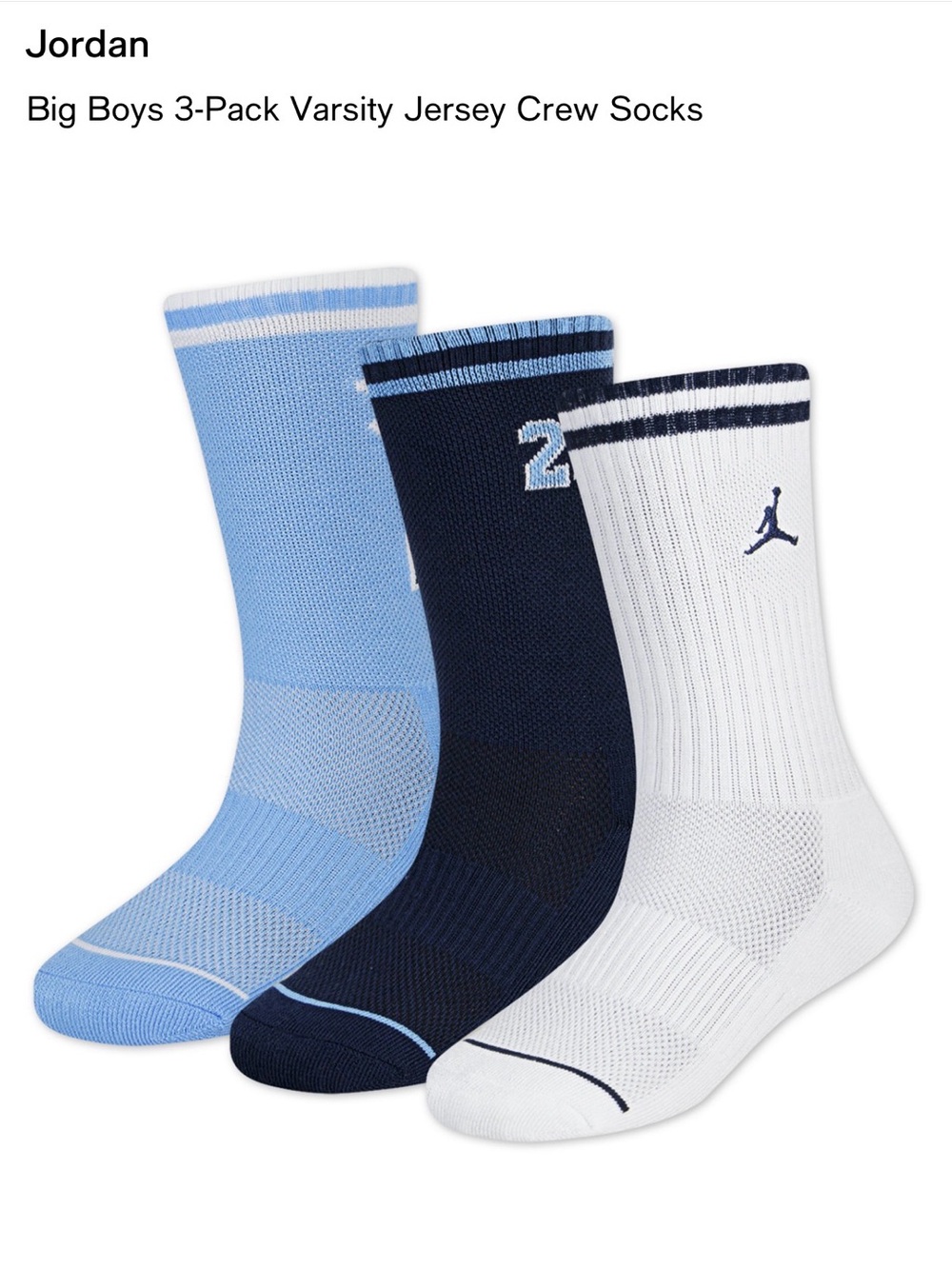 Jordan 3-Pack Crew Athletic Socks - White, Navy, Light Blue
